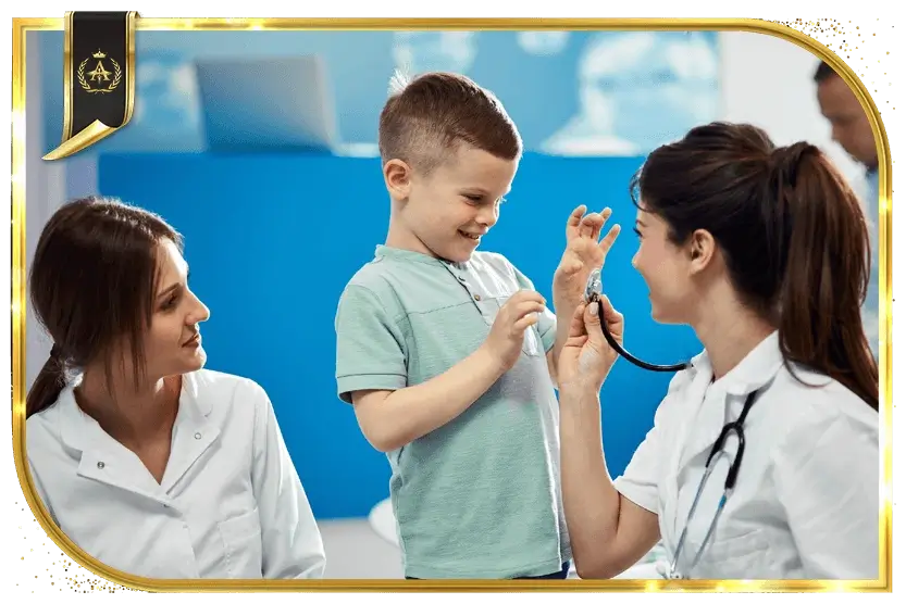 Lady doctor showing the stethoscope to kid laughing